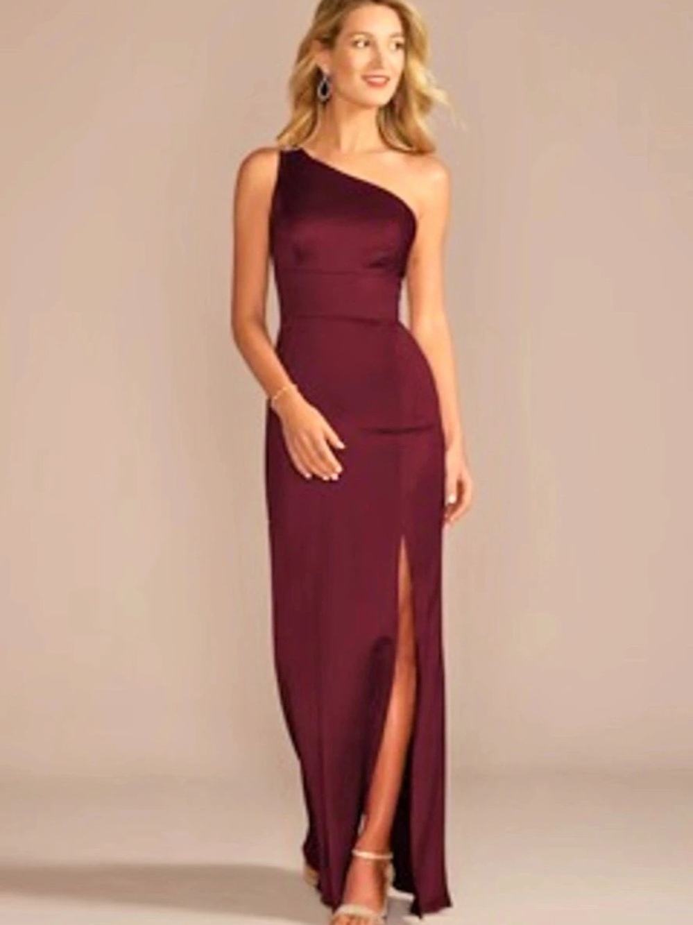David's Bridal One-Shoulder Stretch Satin Bridesmaid Dress Satin Maxi Dress